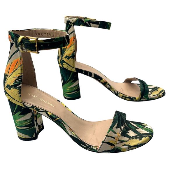Stuart Weitzman 75 Less Nudist Green Botanical Ankle Strap Block Heel Sandals 7M - Picture 1 of 7